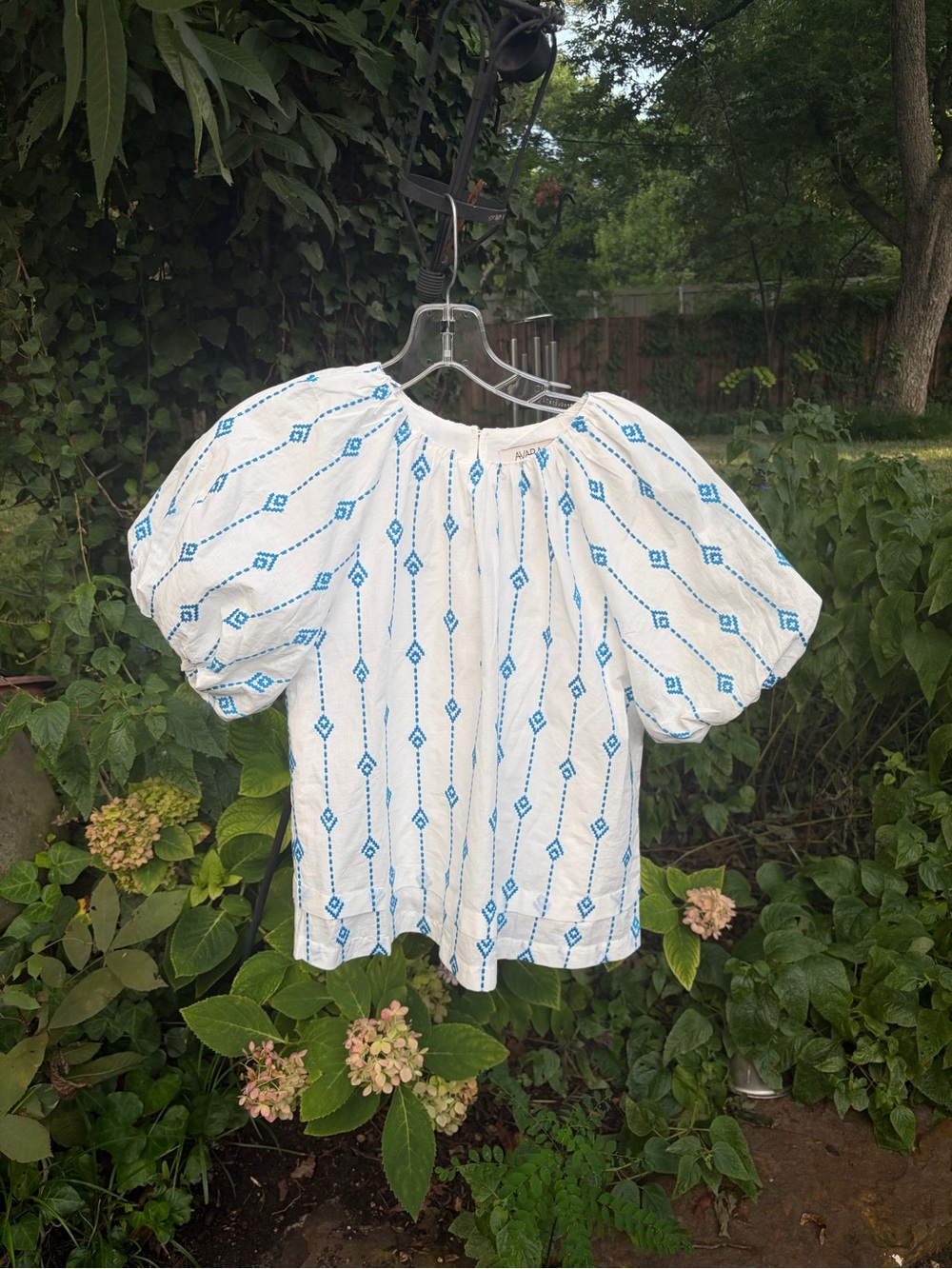 White Blouse with Blue Geometric Embroidery